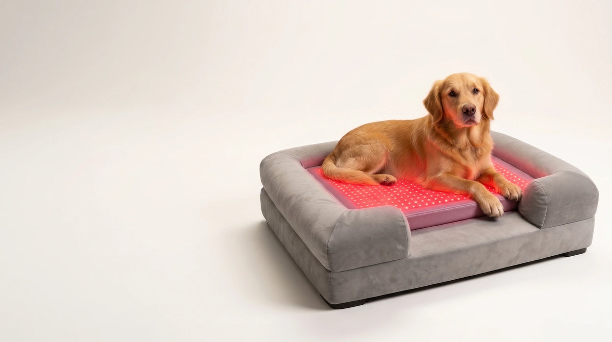 A golden retriever dog lies on a red light therapy dog bed, photographed on a clean white studio background.